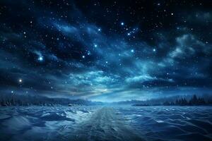 de vintrig natt himmel är upplyst förbi en snöstorm dansa ai genererad foto