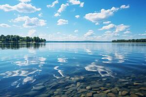 de skönhet av höst reflekterad i en lugn blå himmel med moln ai genererad foto