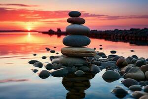 fredlig spa reträtt, balanserad stenar, vibrerande sommar himmel, lugn strand solnedgång ai genererad foto