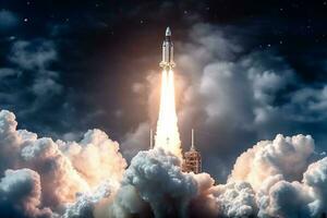 galaktisk lansera, raket fartyg tar flyg mitt i himmelsk underverk ai genererad foto