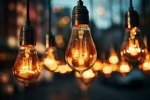 Glödlampa lampor hängande på ett elektrisk posta omvandla de natt marknadsföra in i en festlig sagoland ai genererad foto