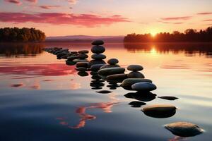 solnedgång reflektioner dansa på de zen stenar inbäddat i fredlig vattnen ai genererad foto