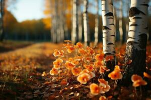 höstens palett kommer Levande i de strålnings björk skog på en solig eftermiddag ai genererad foto