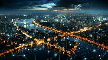 nattetid panorama. trådlös nätverk och förbindelse teknologi begrepp bakgrund foto