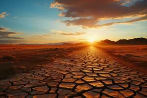 kväll solnedgång tänds en torkadrabbade öken, en liknelse för global uppvärmningen ai genererad foto