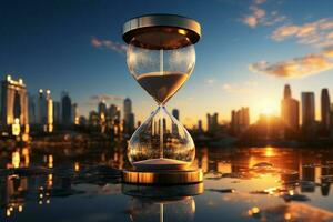 timglas med morgon- stadsbild, symboliserar modern liv och tid förvaltning ai genererad foto