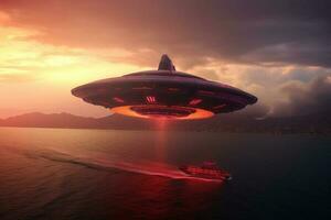 andlig skådespel, utomjording rymdskepp svävar ovan solnedgång hav, röd himmel ai genererad foto