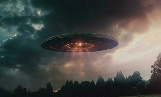 andlig stöta på, UFO svävar orörlig, ett utomjording tallrik i de himmel ai genererad foto