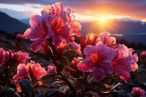 en symfoni av färger utvecklas som rhododendron blommor nåd de solnedgång mountains ai genererad foto