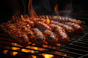 grillning fulländning, bratwurst fräsande på de grill, fångad med tång ai genererad foto