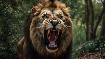 stänga upp av en lejon med en bred mun och en stout kropp ai genererad foto
