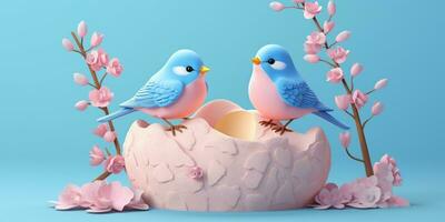 par blå fågel på träd tunk djur- tecknad serie animation, ai genererad foto