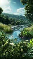 lugn natur scen bakgrund växt och flod. ai genererad foto