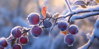 is storm träd och bär frukt frysa i vinter, ai genererad foto