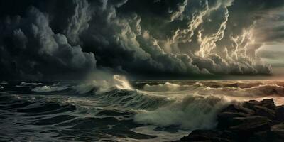 stormig väder och blixt- naturlig katastrof fenomen, ai genererad foto