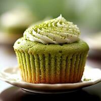 muffin matcha grädde mellanmål te tid. ai genererad foto