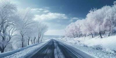 snöig väg i vinter- suddig bakgrund, ai genererad foto