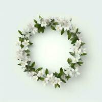 cirkel tillverkad av vit blommor och grenar kopia Plats bakgrund. ai genererad foto