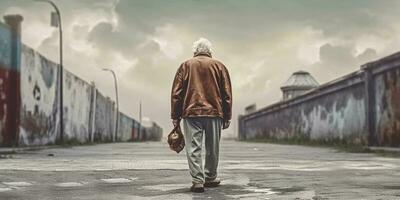 mental hälsa en gammal man och gående gata kopia Plats bakgrund, ai genererad foto