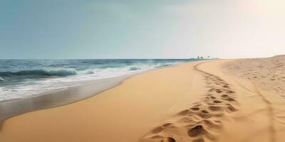 naturlig landskap av vit sand strand och blå himmel, ai genererad foto