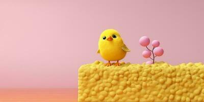 fågel gul på träd tunk djur- lera tecknad serie animation, ai genererad foto