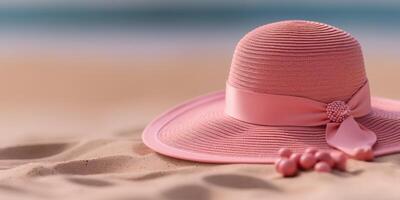 rosa sugrör hatt på strand sand Semester bakgrund. ai genererad foto