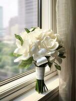 gardenia bröllop bukett blomma på suddig fönster bakgrund. ai genererad foto