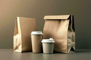 leverans behållare för hämtmat mat. papper kaffe kopp med packade mat. generativ ai. foto