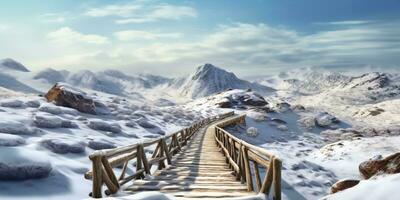 trä- bro i de bergen på vinter, ai genererad foto