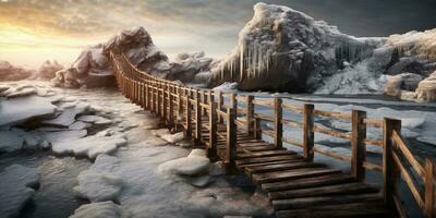 trä- bro i de bergen på vinter, ai genererad foto