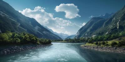 fjäll, flod och himmel kopia Plats bakgrund. ai genererad foto