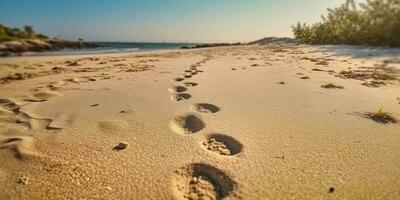 fotspår på de strand sand bakgrund. ai genererad foto