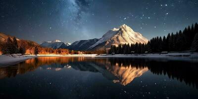 generativ ai illustration av starry natt, professionell landskap fotografi, vinter- landskap bergen foto