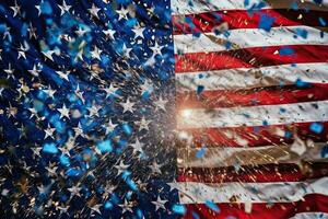 generativ ai illustration av förenad stater av Amerika flagga, USA flagga, fyrverkeri och bokeh bakgrund. begrepp nationell högtider, flagga dag, veteraner dag, minnesmärke dag, oberoende dag, patriot dag foto