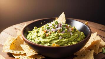 njuta av de smak guacamole dipper glädje för nationell guacamole dag. ai genererad. foto