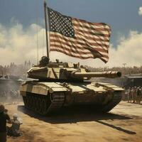 amerikan tank med de flagga som bakgrund under oberoende dag, genererad förbi artificiell intelligens foto