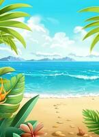 strand med handflatan träd. skön sommar strand med tropisk växter. ai genererad foto