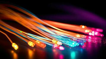 färgad elektrisk kablar och led. optisk fiber, intensiv färger, bakgrund för teknologi bild och ny företag trender skapas generativ ai foto