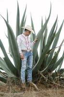 mexikansk cowboy, agave växter, natur skönhet, solglasögon, småbarn, fängslande landskap foto