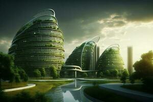 en trogen miljövänlig stad. de innovationer av ett miljövänlig metropol. grön teknologi begrepp. generativ ai foto