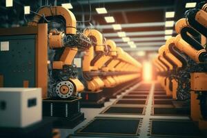 robot vapen i en fabrik. robotik i industri begrepp. generativ ai foto