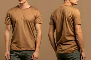 Foto realistisk manlig beige t-tröjor med kopia Plats, främre, och tillbaka se. ai genererad