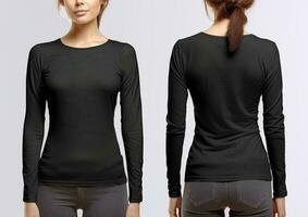 kvinna bär en svart t-shirt med lång ärmar. främre och tillbaka se. ai genererad foto