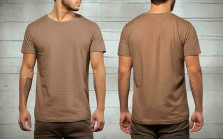 Foto realistisk manlig beige t-tröjor med kopia Plats, främre, och tillbaka se. ai genererad