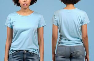 Foto realistisk kvinna blå t-tröjor med kopia Plats, främre, och tillbaka se. ai genererad