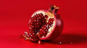 granatäpple på en röd bakgrund. bruten mogen granatäpple frukt på en röd yta hög upplösning. foto