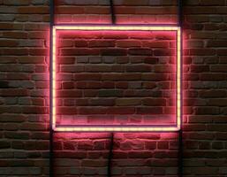 röd vägg med ljus. tegel vägg och fyrkant neon tecken ram. ai genererad foto