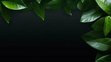 löv på mörk bakgrund. svart bakgrund med ram tillverkad av grön löv och kopia Plats. ai genererad foto
