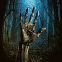 zombie hand. halloween bakgrund med zombie hand. ai genererad foto