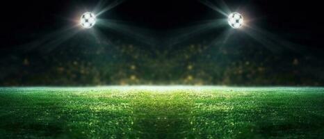 stadion lampor i de natt. grön fotboll fält ljus spotlights fortfarande liv. ai genererad foto